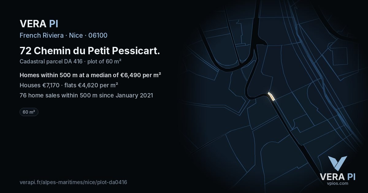 72 Chemin du Petit Pessicart, Nice at night – the plot lit, the parcels around coloured by the prices near them