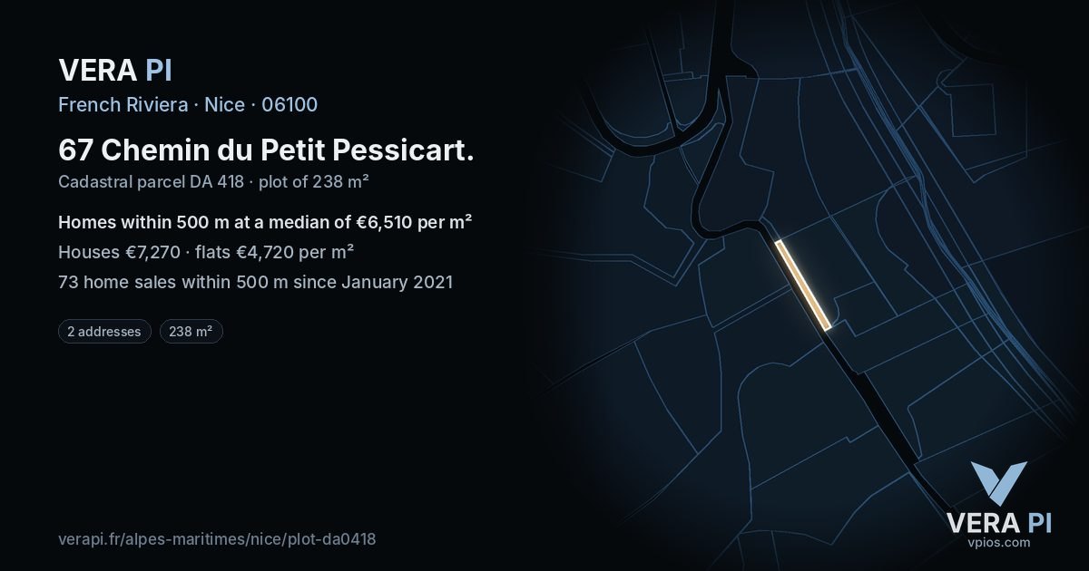 67 Chemin du Petit Pessicart, Nice at night – the plot lit, the parcels around coloured by the prices near them