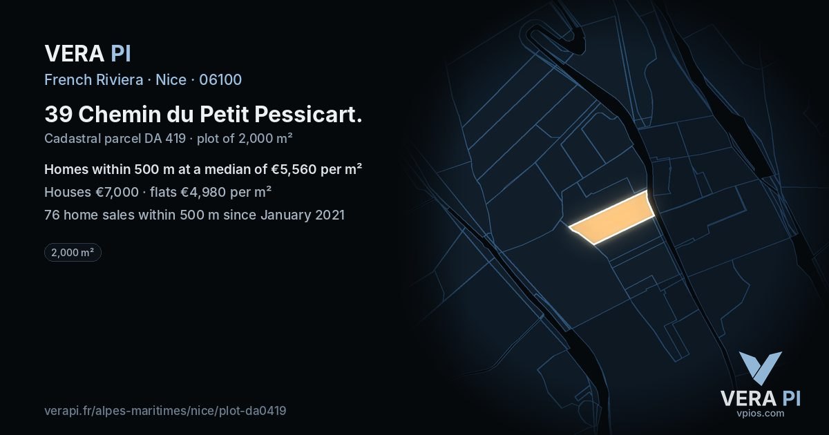 39 Chemin du Petit Pessicart, Nice at night – the plot lit, the parcels around coloured by the prices near them