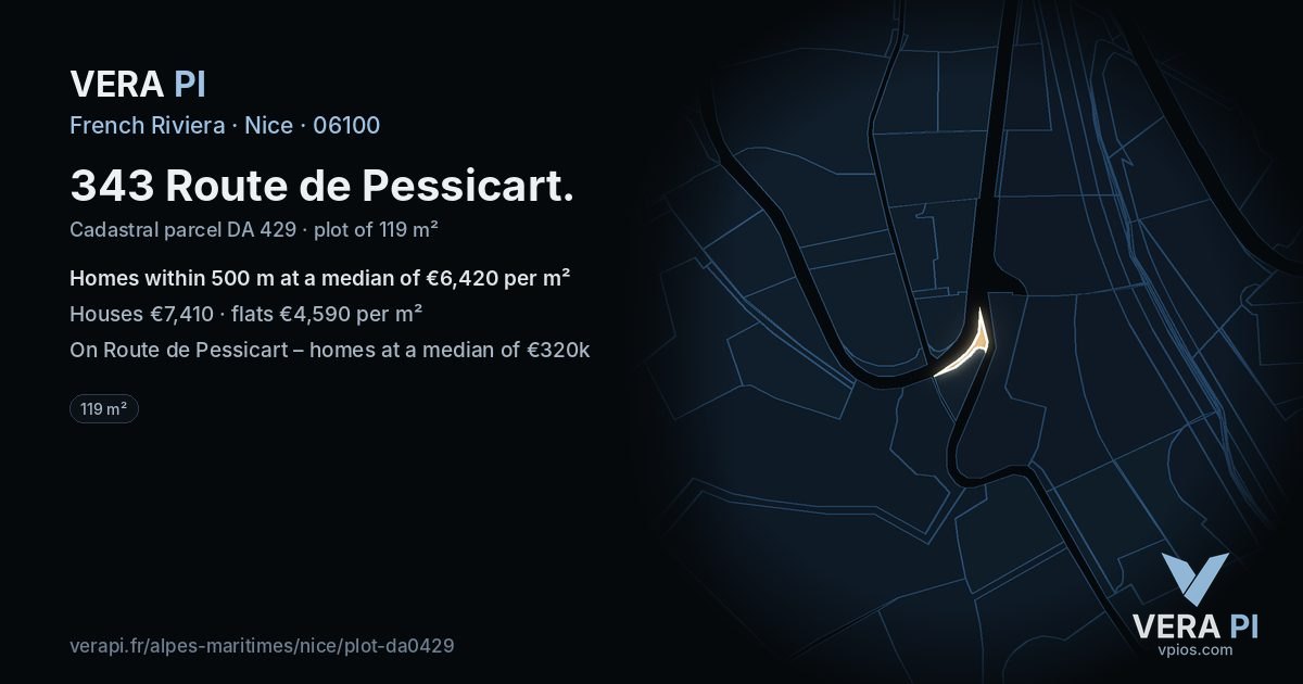 343 Route de Pessicart, Nice at night – the plot lit, the parcels around coloured by the prices near them