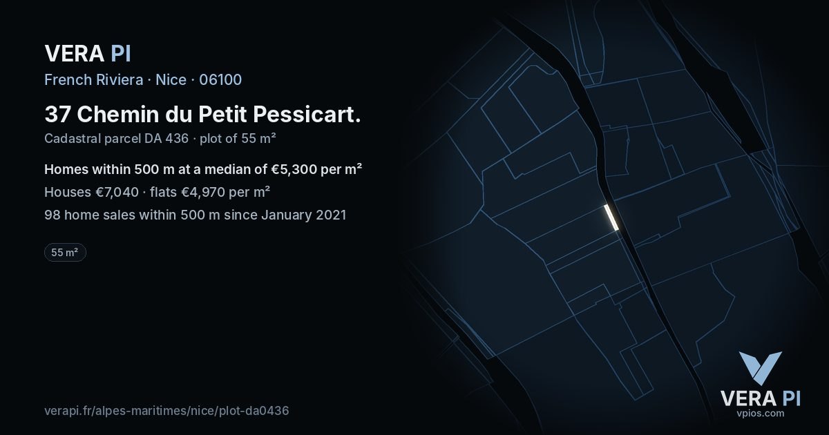 37 Chemin du Petit Pessicart, Nice at night – the plot lit, the parcels around coloured by the prices near them