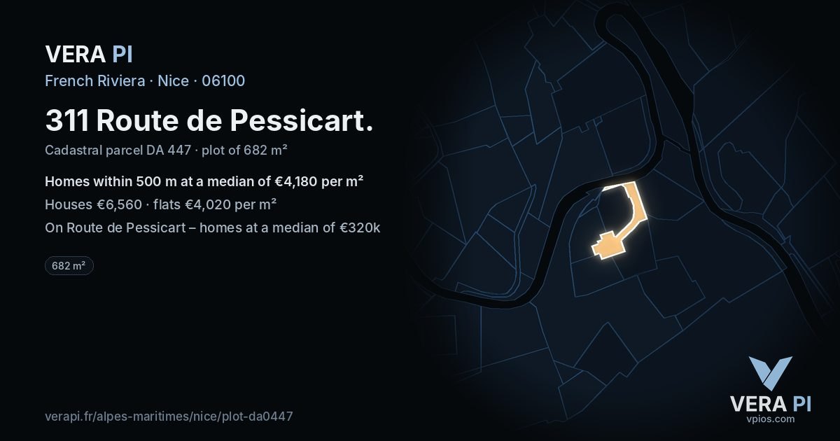 311 Route de Pessicart, Nice at night – the plot lit, the parcels around coloured by the prices near them