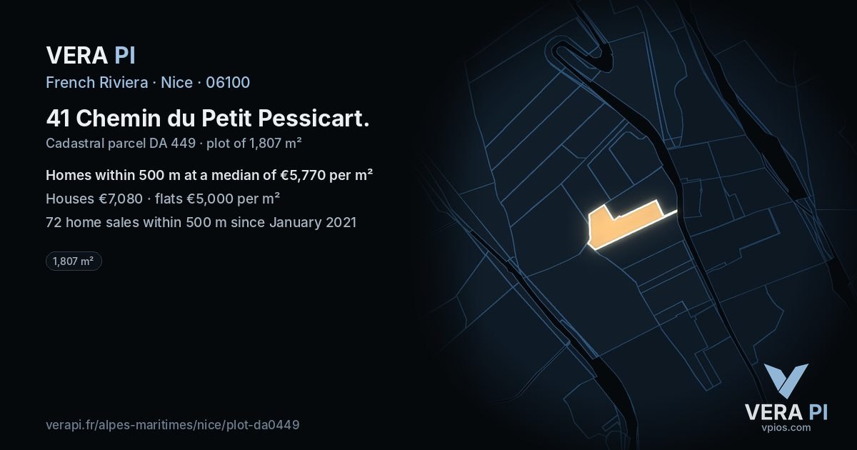 41 Chemin du Petit Pessicart, Nice at night – the plot lit, the parcels around coloured by the prices near them