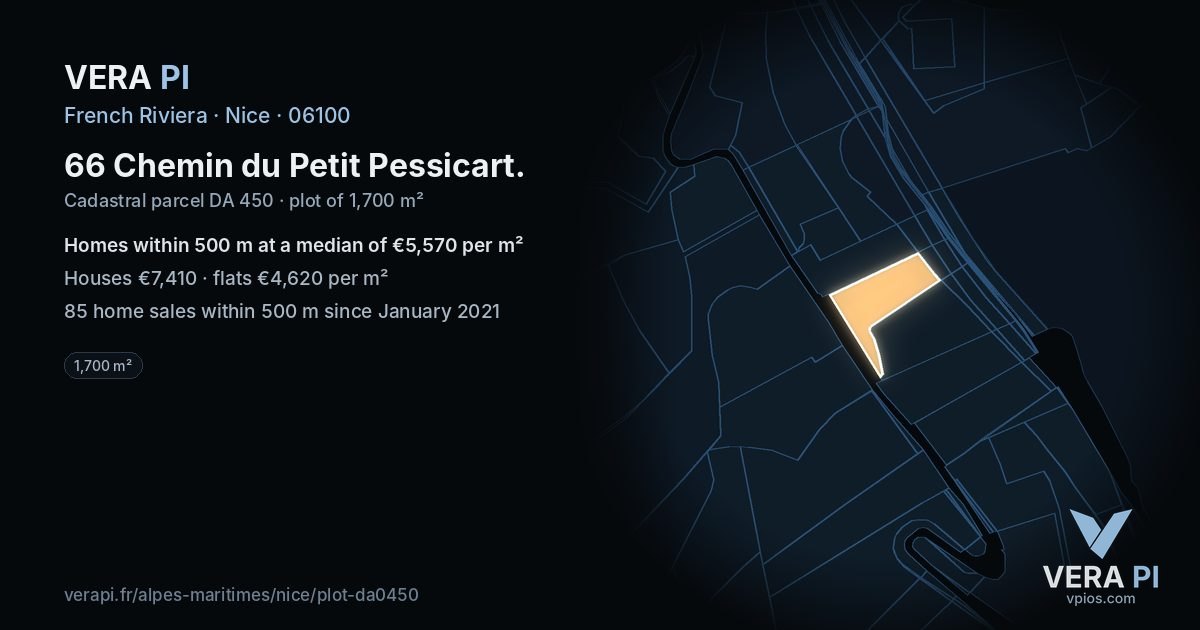 66 Chemin du Petit Pessicart, Nice at night – the plot lit, the parcels around coloured by the prices near them