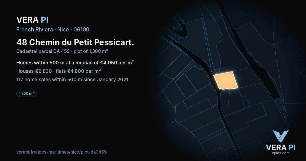 48 Chemin du Petit Pessicart, Nice at night – the plot lit, the parcels around coloured by the prices near them