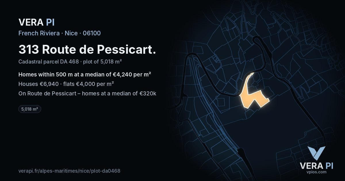 313 Route de Pessicart, Nice at night – the plot lit, the parcels around coloured by the prices near them