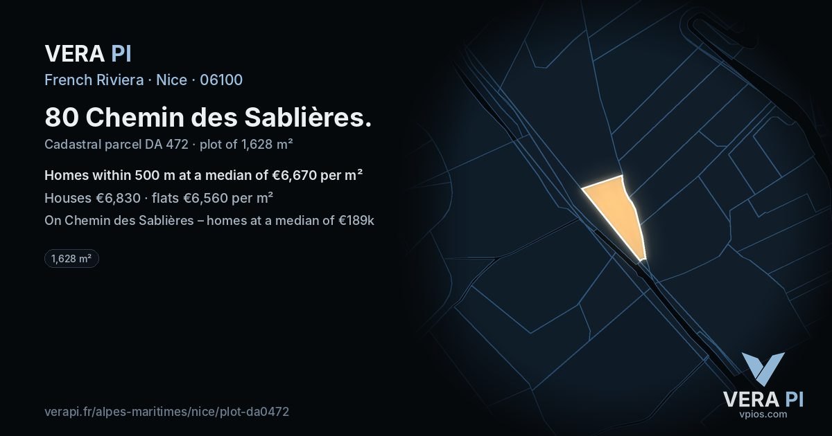 80 Chemin des Sablières, Nice at night – the plot lit, the parcels around coloured by the prices near them