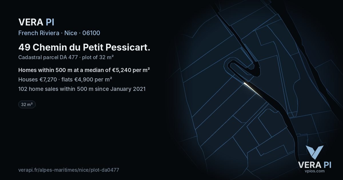 49 Chemin du Petit Pessicart, Nice at night – the plot lit, the parcels around coloured by the prices near them