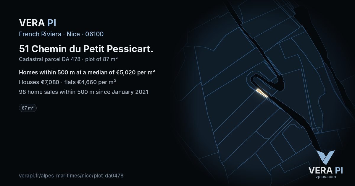 51 Chemin du Petit Pessicart, Nice at night – the plot lit, the parcels around coloured by the prices near them