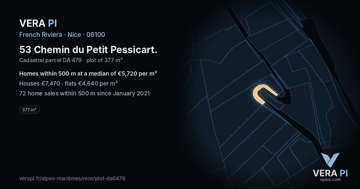 53 Chemin du Petit Pessicart, Nice at night – the plot lit, the parcels around coloured by the prices near them
