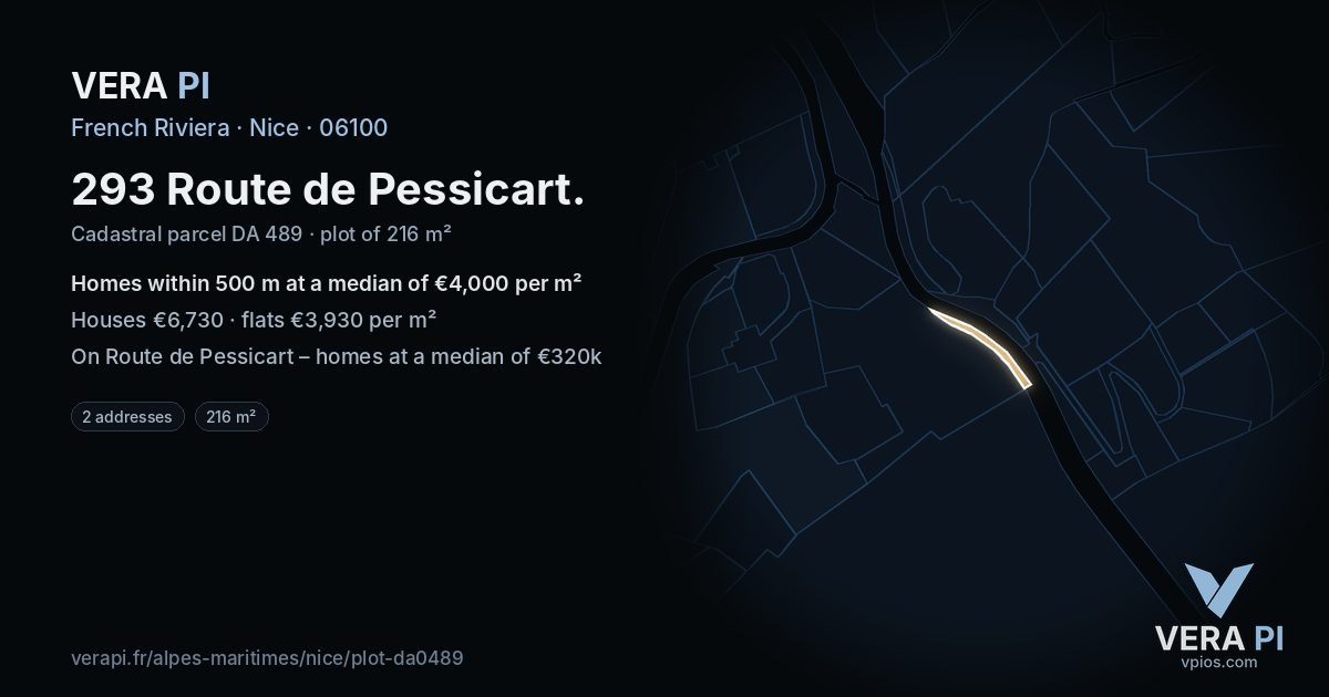 293 Route de Pessicart, Nice at night – the plot lit, the parcels around coloured by the prices near them