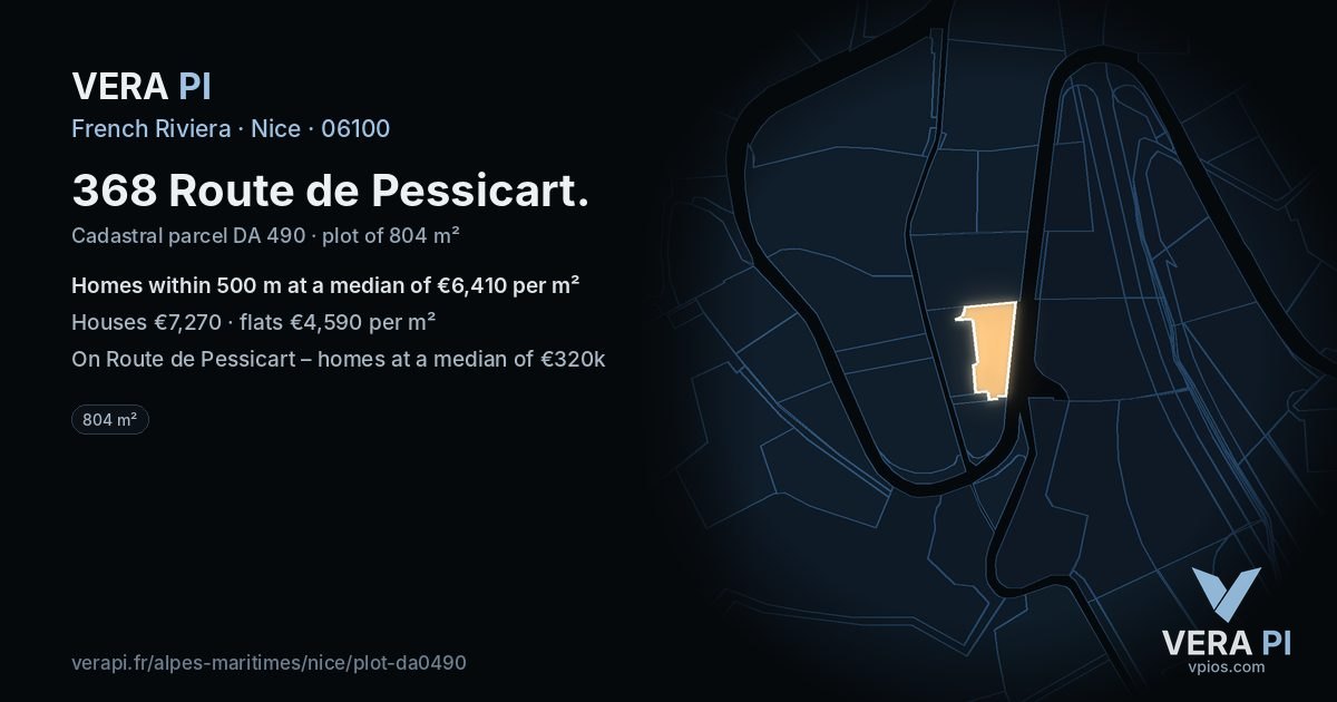 368 Route de Pessicart, Nice at night – the plot lit, the parcels around coloured by the prices near them