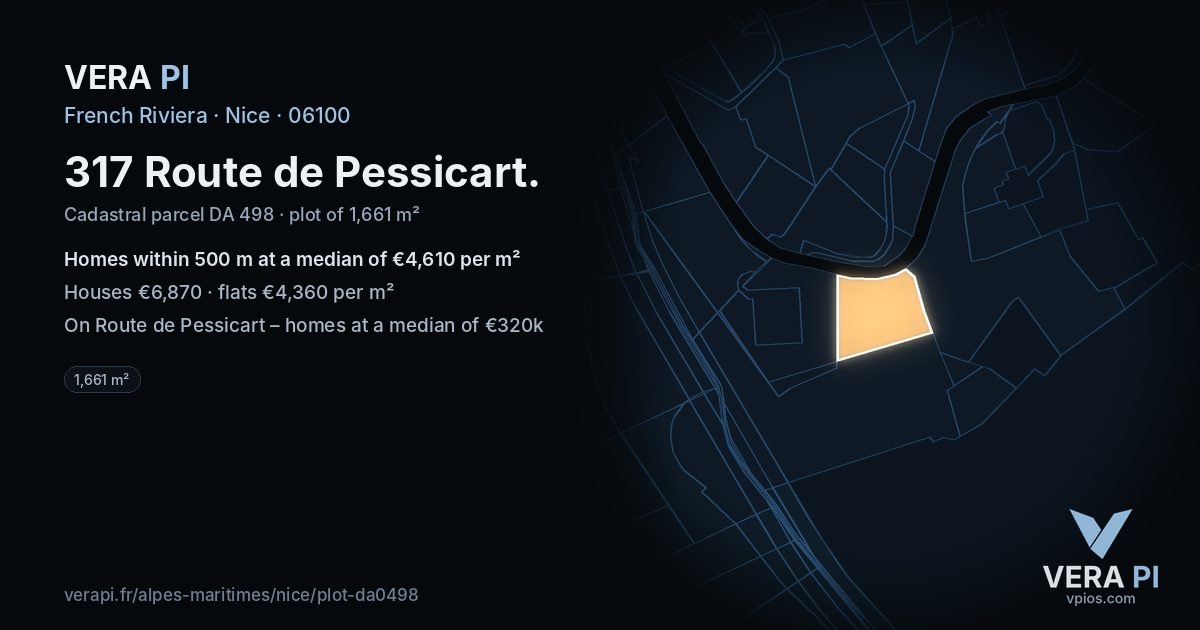 317 Route de Pessicart, Nice at night – the plot lit, the parcels around coloured by the prices near them