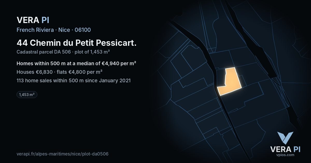 44 Chemin du Petit Pessicart, Nice at night – the plot lit, the parcels around coloured by the prices near them