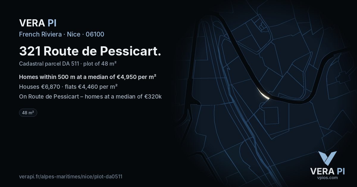 321 Route de Pessicart, Nice at night – the plot lit, the parcels around coloured by the prices near them