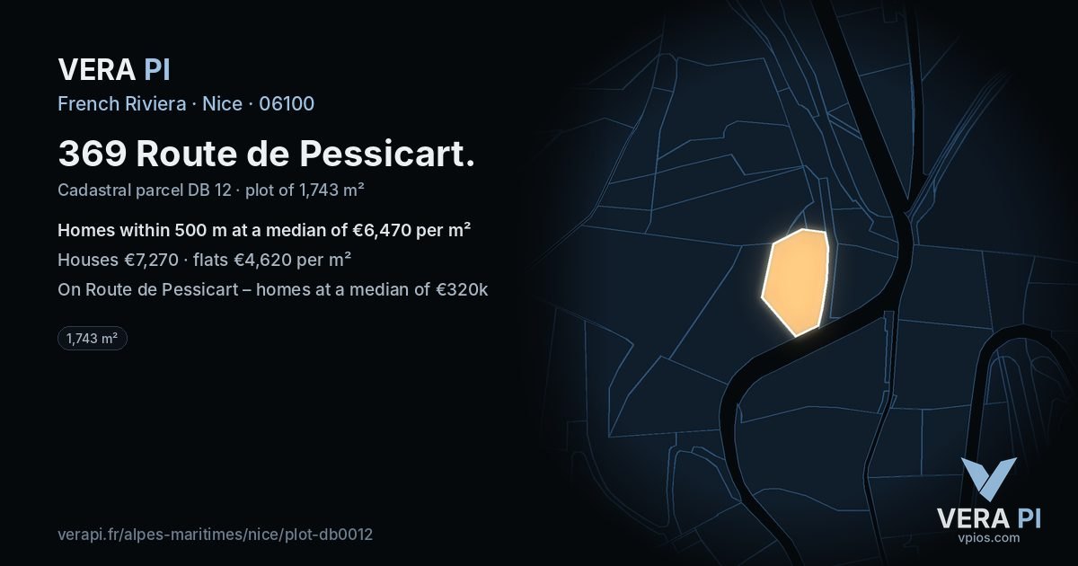 369 Route de Pessicart, Nice at night – the plot lit, the parcels around coloured by the prices near them