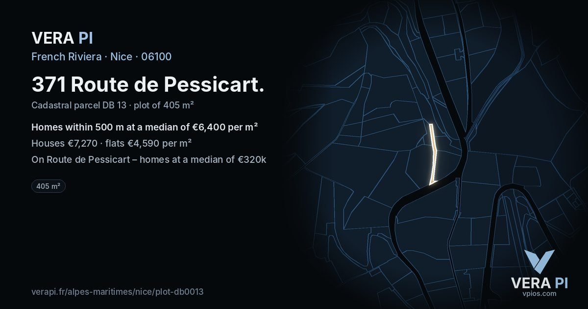 371 Route de Pessicart, Nice at night – the plot lit, the parcels around coloured by the prices near them