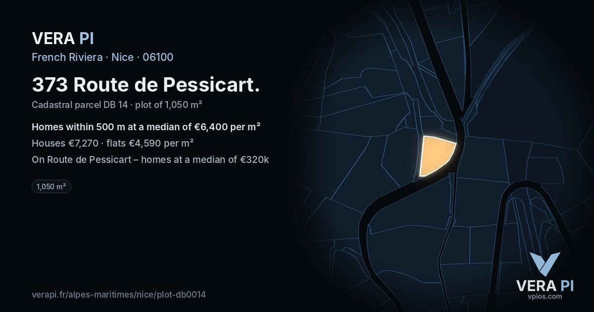 373 Route de Pessicart, Nice at night – the plot lit, the parcels around coloured by the prices near them