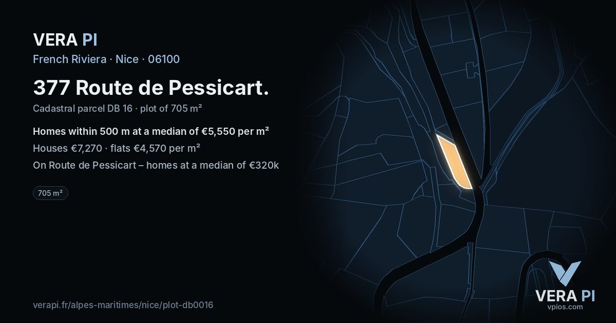 377 Route de Pessicart, Nice at night – the plot lit, the parcels around coloured by the prices near them