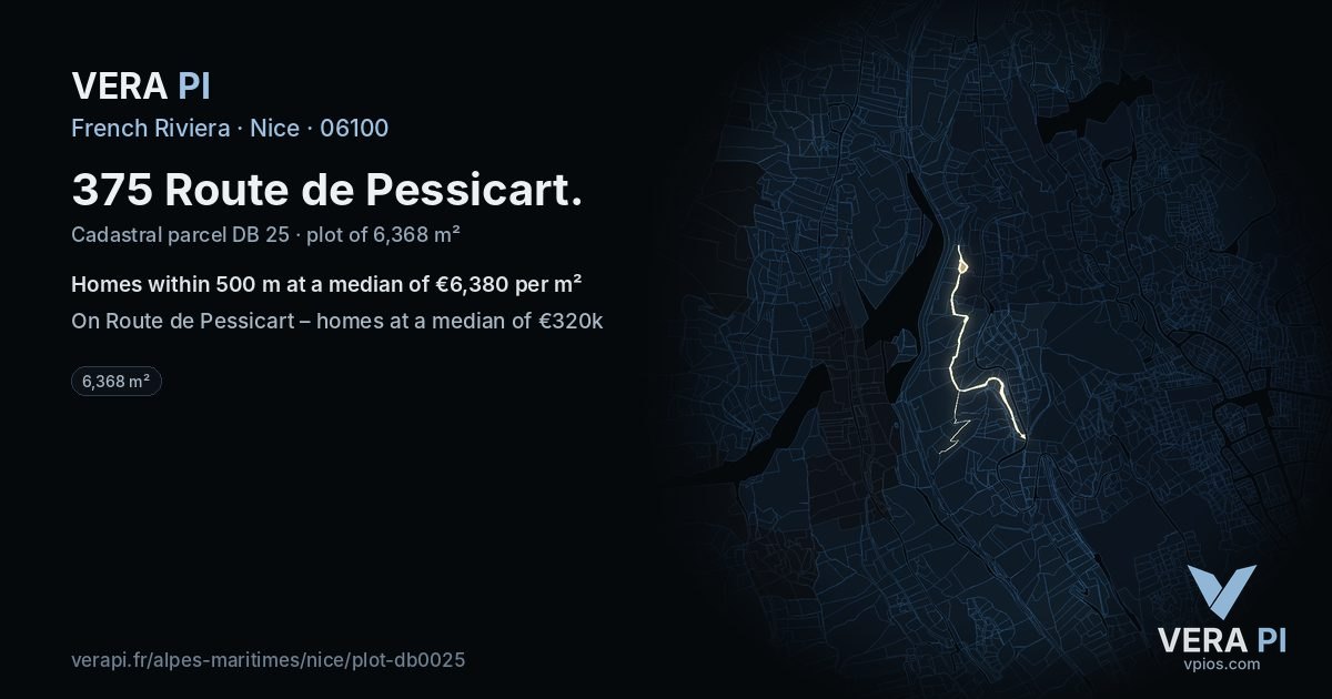 375 Route de Pessicart, Nice at night – the plot lit, the parcels around coloured by the prices near them