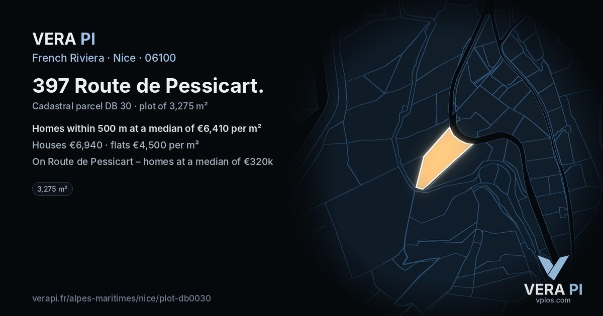 397 Route de Pessicart, Nice at night – the plot lit, the parcels around coloured by the prices near them