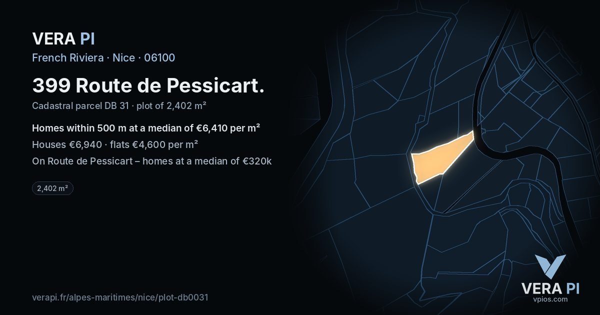 399 Route de Pessicart, Nice at night – the plot lit, the parcels around coloured by the prices near them