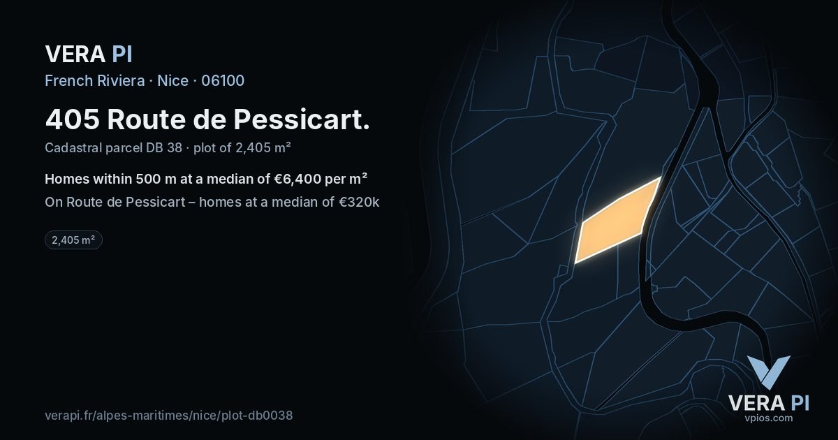 405 Route de Pessicart, Nice at night – the plot lit, the parcels around coloured by the prices near them