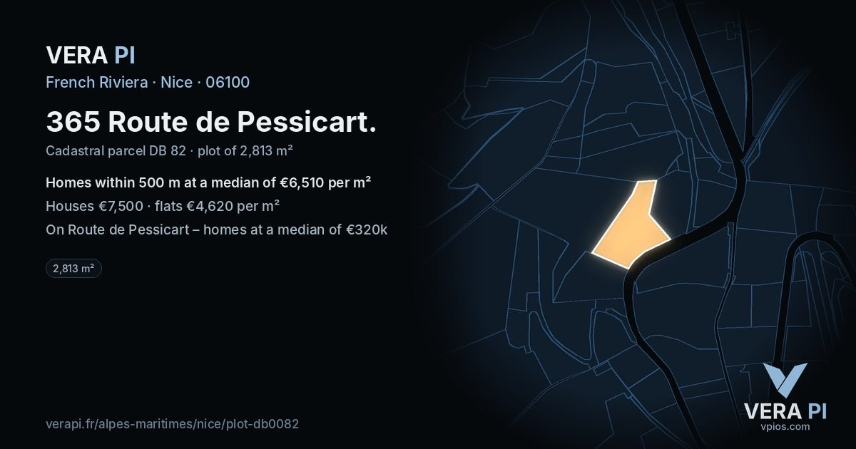 365 Route de Pessicart, Nice at night – the plot lit, the parcels around coloured by the prices near them