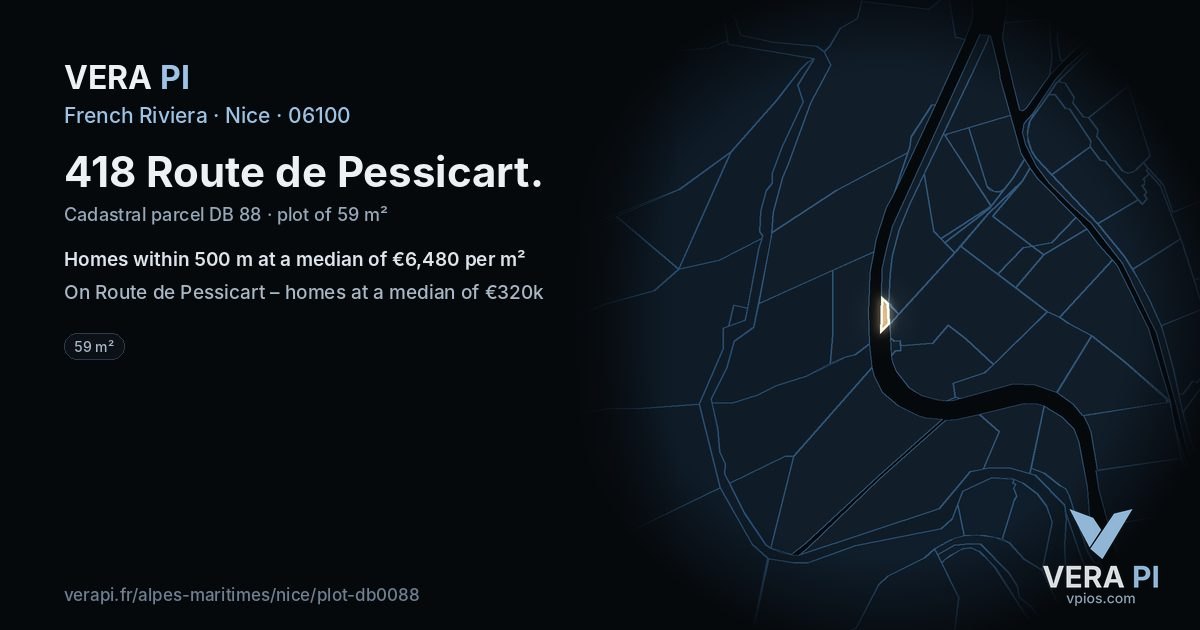 418 Route de Pessicart, Nice at night – the plot lit, the parcels around coloured by the prices near them