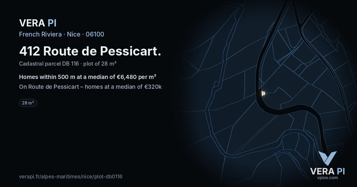 412 Route de Pessicart, Nice at night – the plot lit, the parcels around coloured by the prices near them
