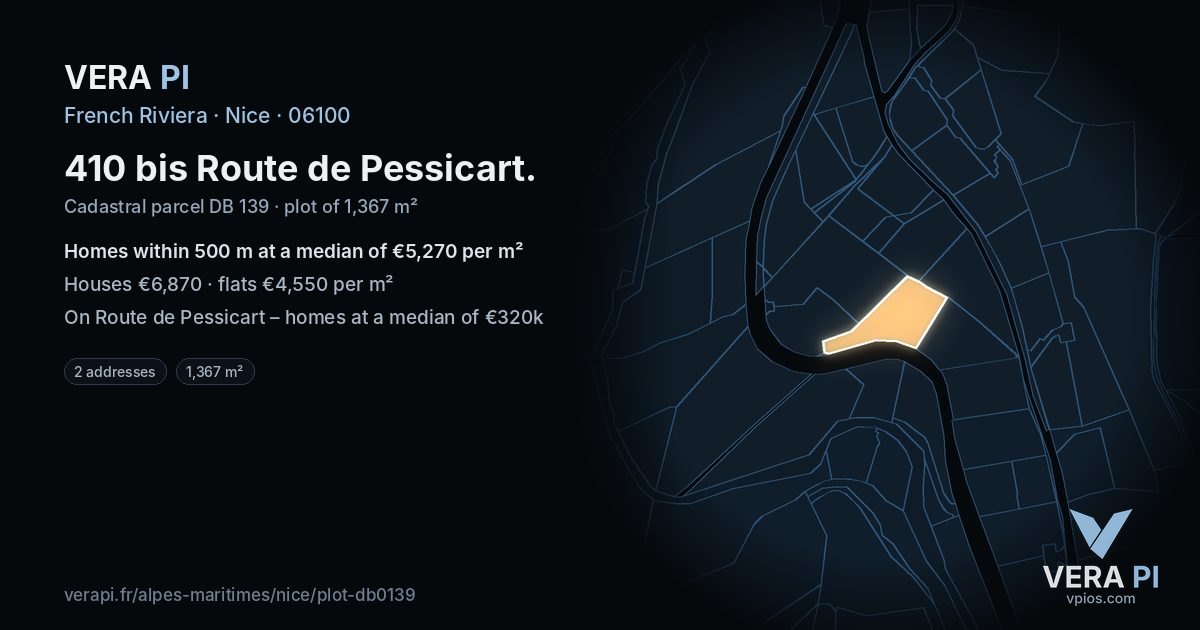 410 bis Route de Pessicart, Nice at night – the plot lit, the parcels around coloured by the prices near them