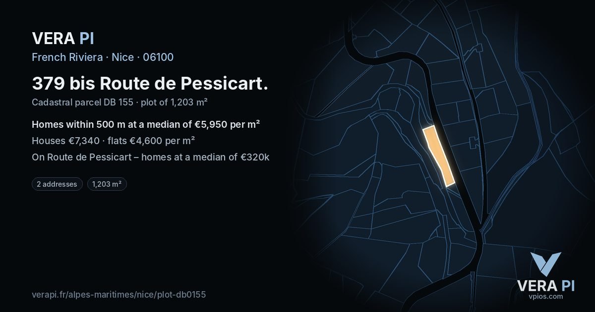379 bis Route de Pessicart, Nice at night – the plot lit, the parcels around coloured by the prices near them