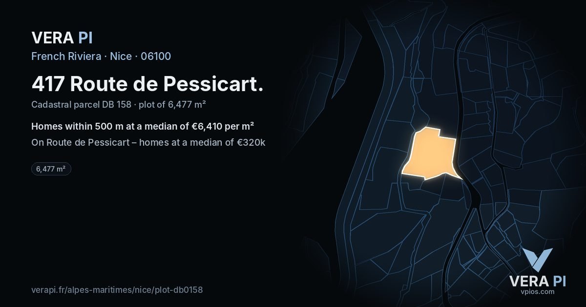 417 Route de Pessicart, Nice at night – the plot lit, the parcels around coloured by the prices near them