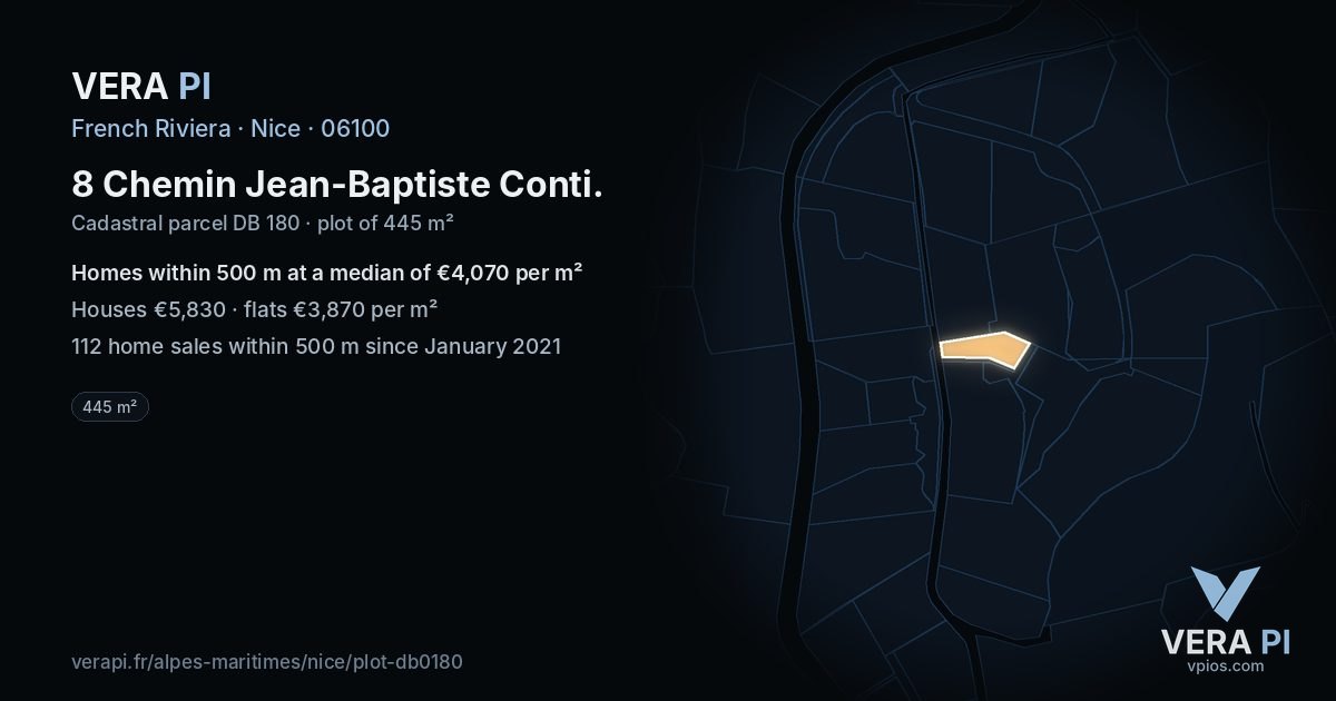 8 Chemin Jean-Baptiste Conti, Nice at night – the plot lit, the parcels around coloured by the prices near them