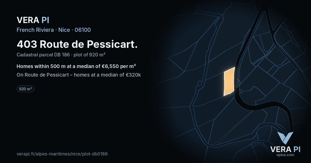 403 Route de Pessicart, Nice at night – the plot lit, the parcels around coloured by the prices near them