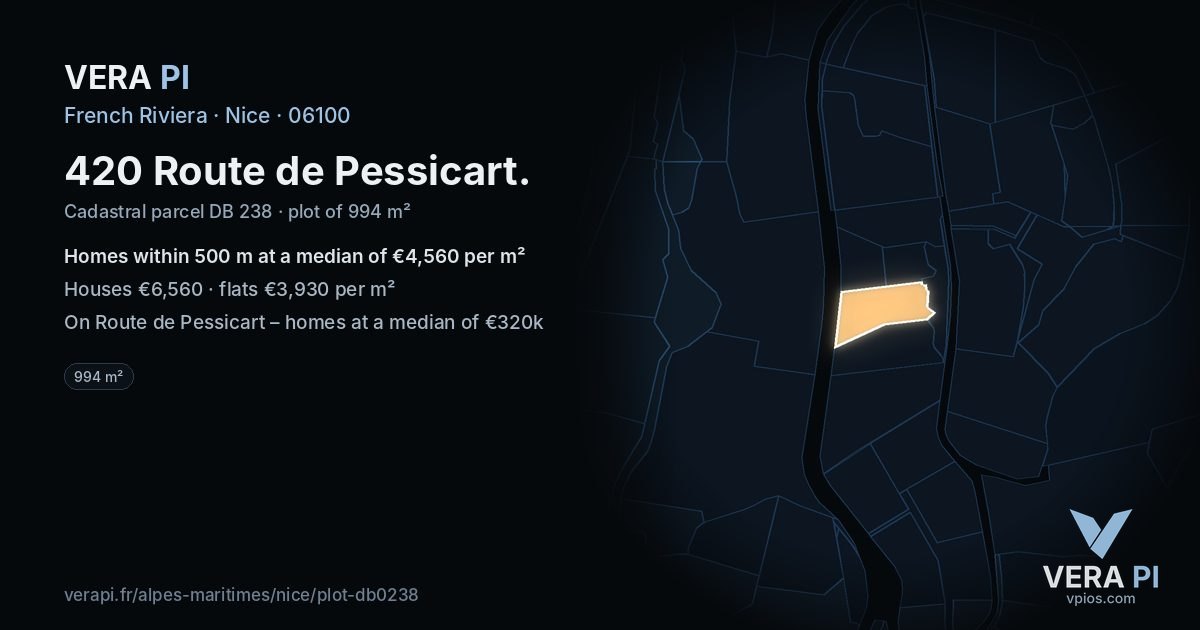 420 Route de Pessicart, Nice at night – the plot lit, the parcels around coloured by the prices near them