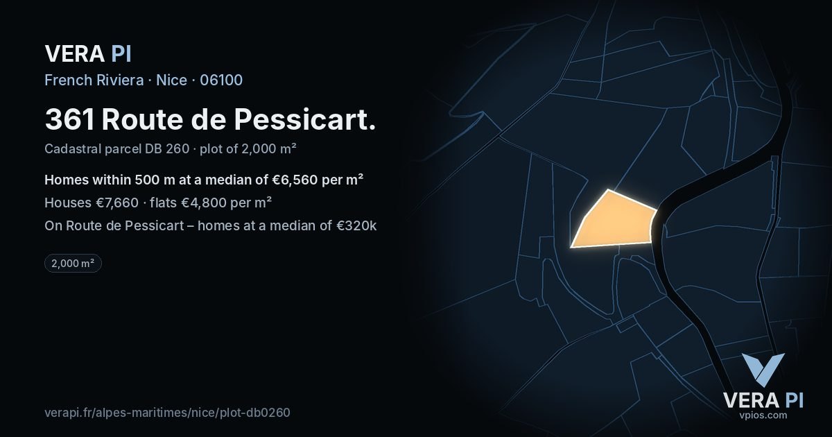 361 Route de Pessicart, Nice at night – the plot lit, the parcels around coloured by the prices near them