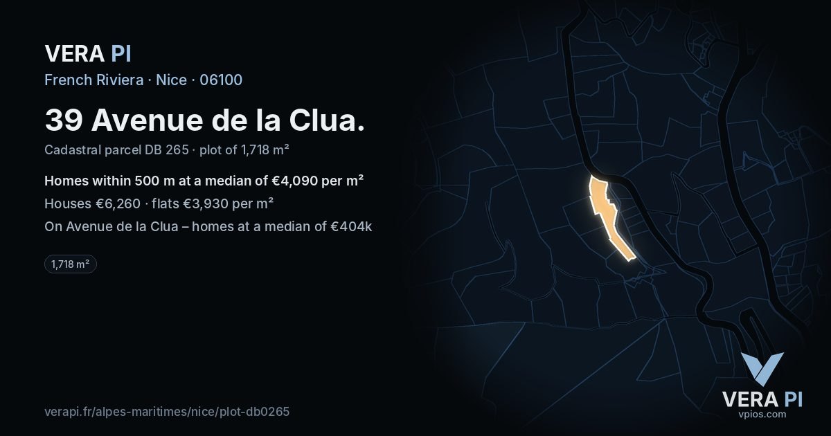 39 Avenue de la Clua, Nice at night – the plot lit, the parcels around coloured by the prices near them