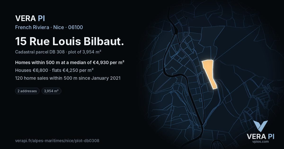 15 Rue Louis Bilbaut, Nice at night – the plot lit, the parcels around coloured by the prices near them