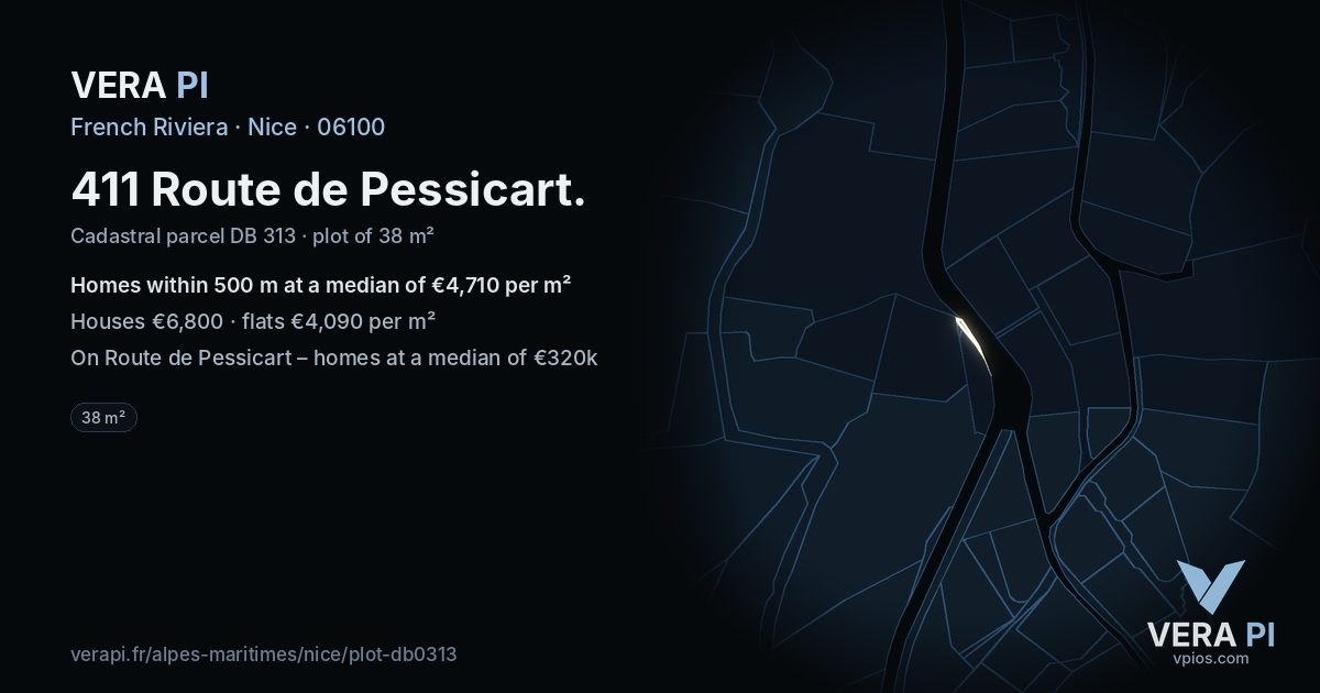 411 Route de Pessicart, Nice at night – the plot lit, the parcels around coloured by the prices near them
