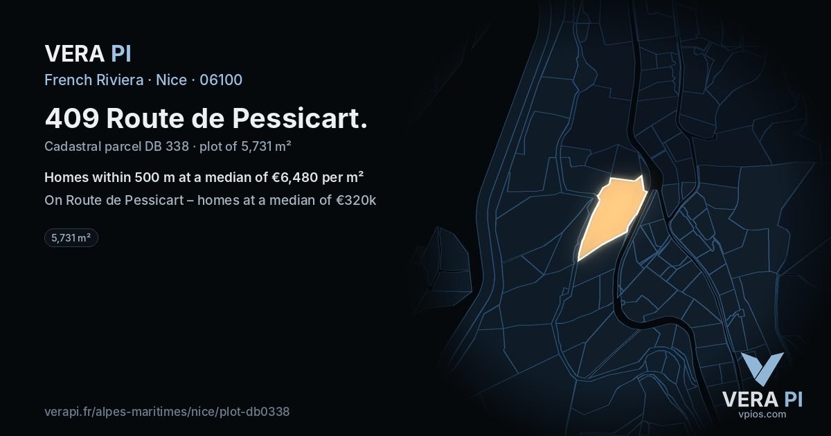 409 Route de Pessicart, Nice at night – the plot lit, the parcels around coloured by the prices near them