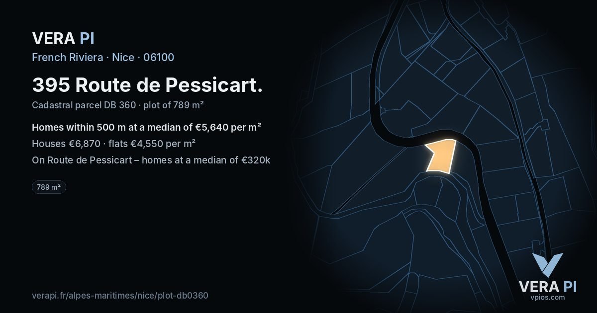 395 Route de Pessicart, Nice at night – the plot lit, the parcels around coloured by the prices near them