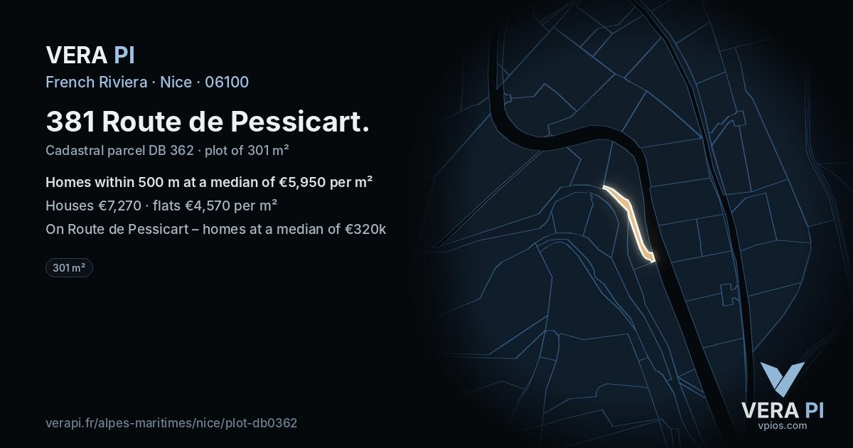 381 Route de Pessicart, Nice at night – the plot lit, the parcels around coloured by the prices near them
