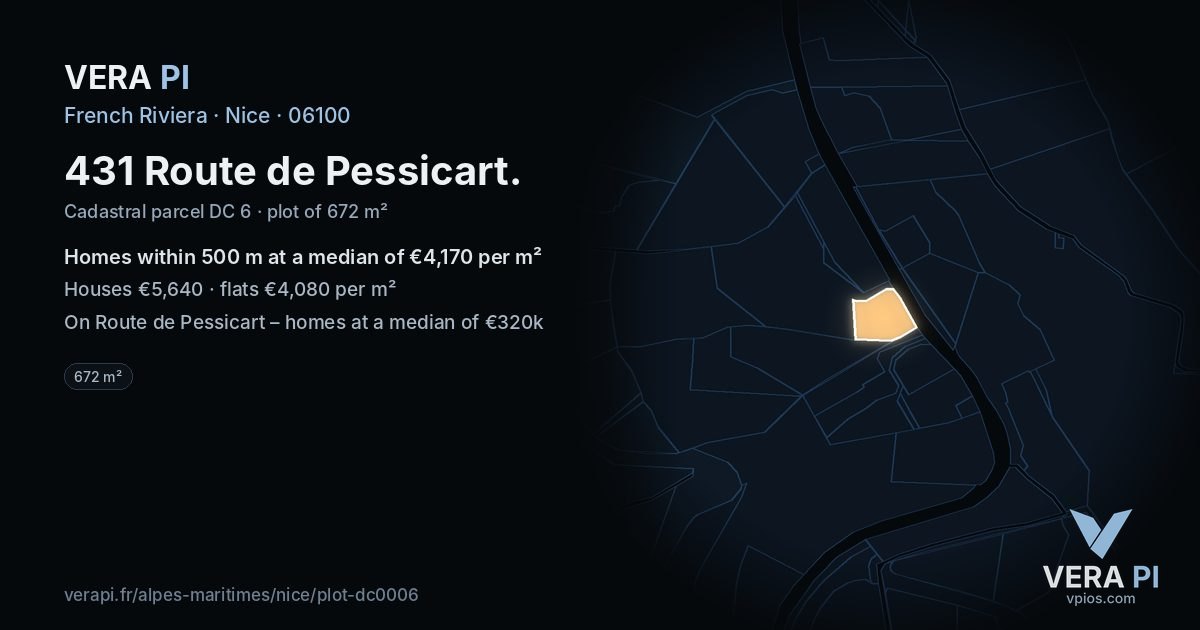 431 Route de Pessicart, Nice at night – the plot lit, the parcels around coloured by the prices near them