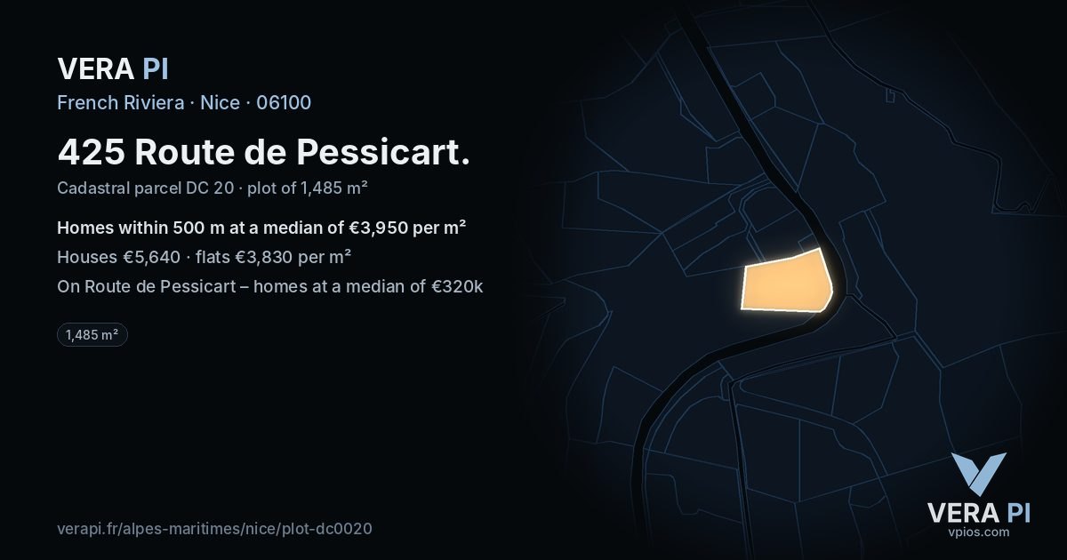 425 Route de Pessicart, Nice at night – the plot lit, the parcels around coloured by the prices near them