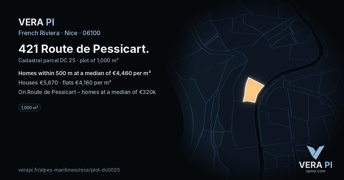 421 Route de Pessicart, Nice at night – the plot lit, the parcels around coloured by the prices near them