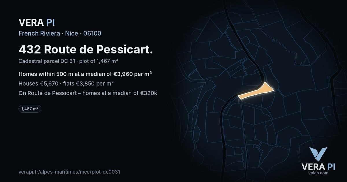 432 Route de Pessicart, Nice at night – the plot lit, the parcels around coloured by the prices near them