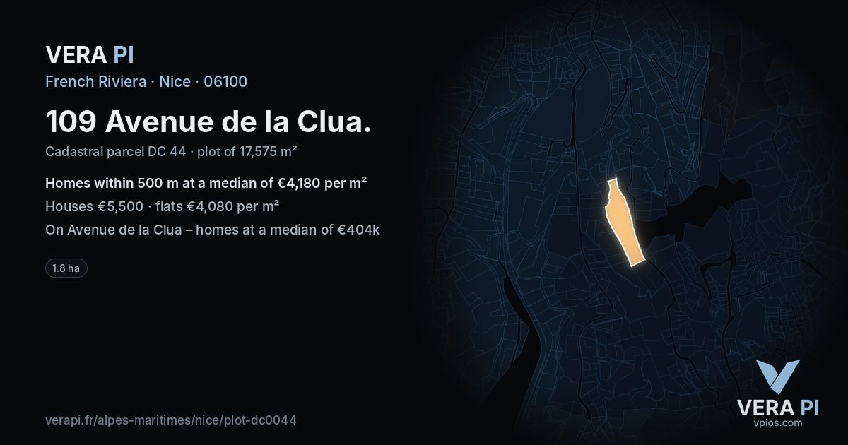 109 Avenue de la Clua, Nice at night – the plot lit, the parcels around coloured by the prices near them