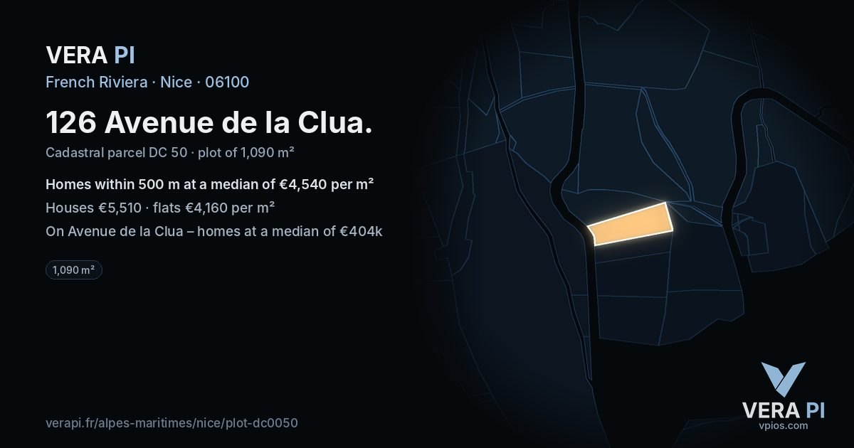 126 Avenue de la Clua, Nice at night – the plot lit, the parcels around coloured by the prices near them