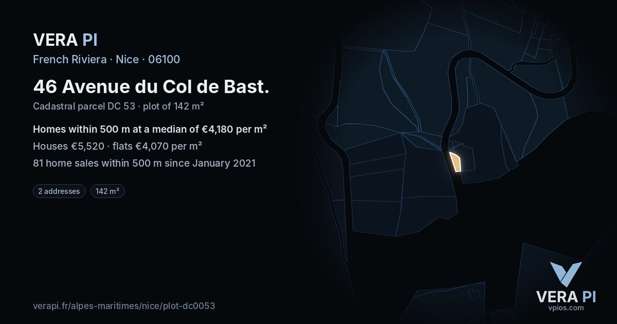 46 Avenue du Col de Bast, Nice at night – the plot lit, the parcels around coloured by the prices near them